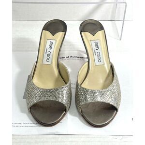 52245  Jimmy Choo Women's Silver Glitter Open Toe Kitten Heel Mules Size 36.5
